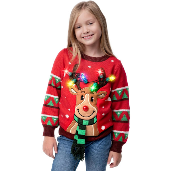 Kids LED Light Up Christmas Sweater Pure Ugly Christmas Sweater Built-in Light Bulbs for Girls and Boys (Red/Blue)