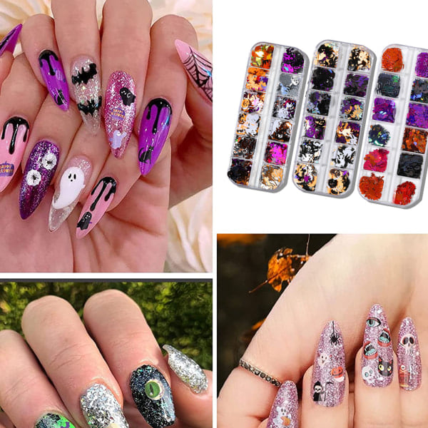 IC Halloween Nagelpaljetter, Pumpa Fladdermus Nagelkonst Paljetter Glitter stil 2