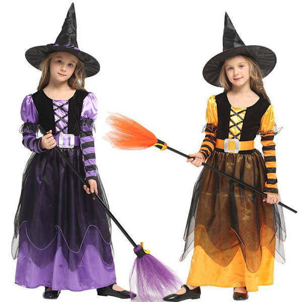Halloween-kostym för barn, häxa prinsessa med hatt, maskeradhäxa, scenkläder, campusdrama, scenkläder MJ51 XXL(140-150) yellow