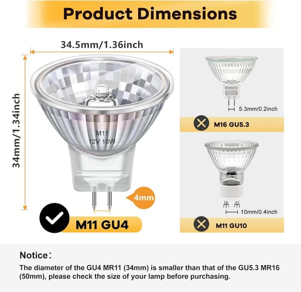 8-pack GU4 MR11 Halogen Lamps 12V 10W, MR11 Halogen Bulb 2800k Warm White Dimmable, GU4 Halogen Lamps