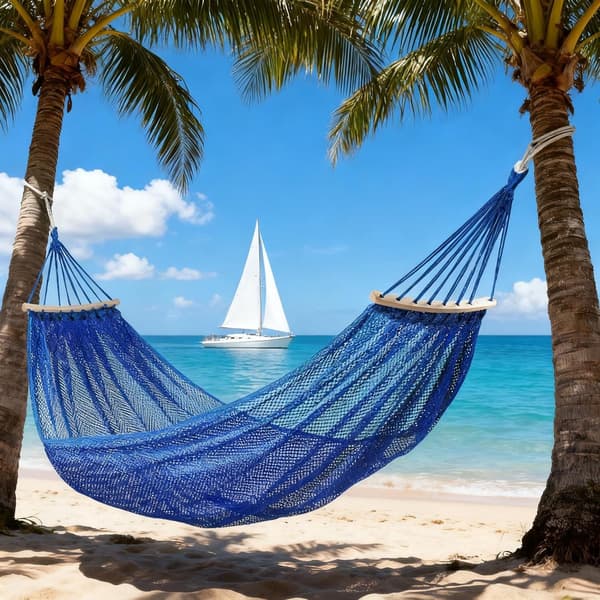 Enkeltpersons hengekøye i netting, pustende polyester, rivebestandig, for camping, hage og uteplass, blå, 255 x 130 cm