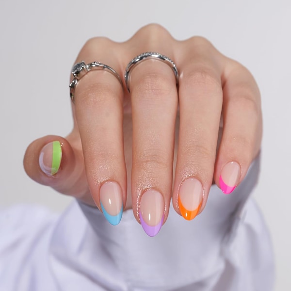 Press On Nails Short Medium -Soft Gel Press On Nails, Chrome Fake Nails with Nail Glue, Glazed Donut & Neon Rainbow French