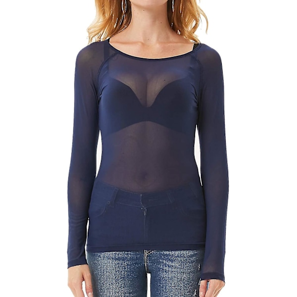Kvinners Stretchy Scoop Neck Sheer See Through Sexy Slim Fit Mesh Tops Langærmet Bluse