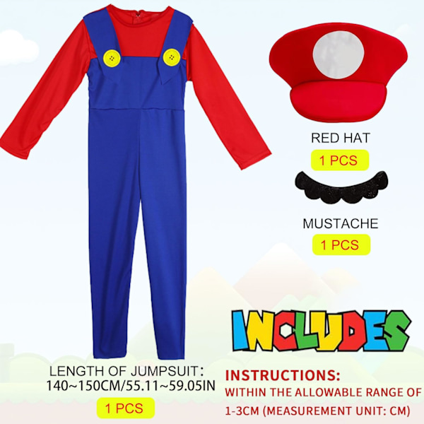 Luigi Kostumesæt, Luigi Kostume, Bros, Udklædning, Kvinder, Mænd, Outfit til Jul, Karneval, Maskerade Children boys red XL