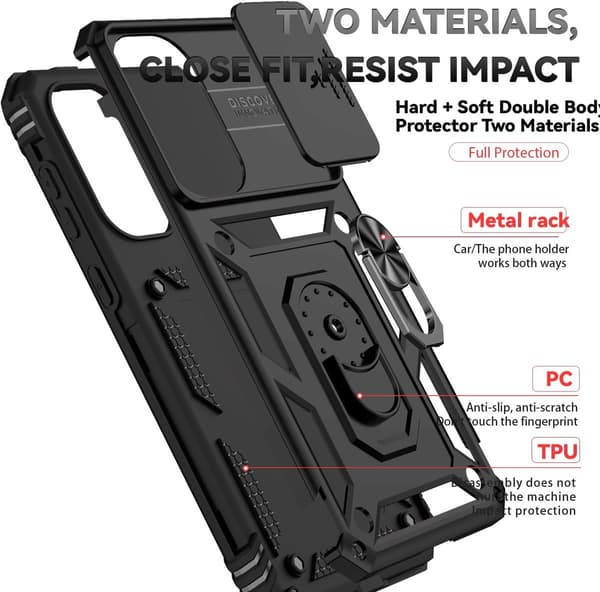 Samsung Galaxy A56 5G Telefonfodral, Hård PC Stötsäker Rustning, Skjutbart Kameraskydd, 360° Ringstativ, Kompatibel med Bilfäste, Svart