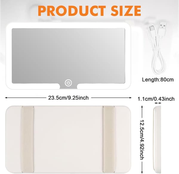 Bil sminkespeil med LED-lys, 3 lysmoduser, dimbar berøringskontroll, USB oppladbart, for solskjermer, hvit, 23,5 x 12,5 cm