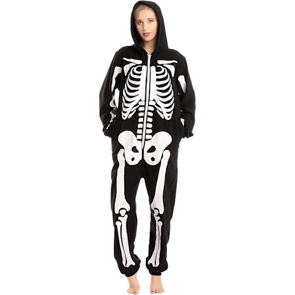 Unisex Skelet Onesie Pyjamas Pludset Skelet Jumpsuit Lynlås Halloween Hoodie Pyjamas til Voksne Natkjole Kostume Svart S
