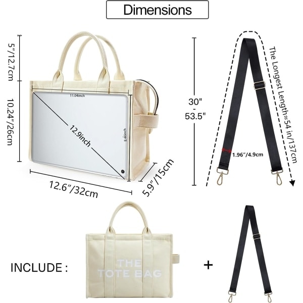 IC The Tote Bag Dame Canvas Tote Tasker Tyk Canvas Crossbody Skuldertasker med Lynlås og Skulderrem til Arbejde Skole Rejser Shopping