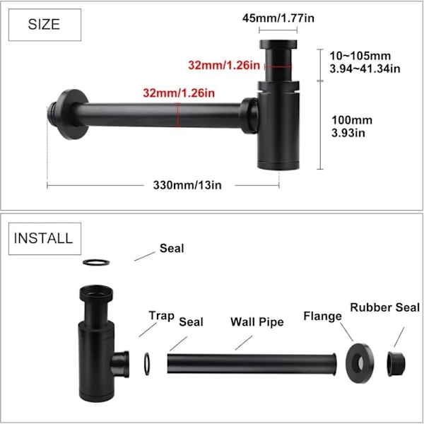 Universal Svart Vannlås Rør Vannlås Rustfritt Stål Sifon 1 1/4 x 32mm Baderomsvannlås Metallrør Vannlås Justerbar Vannlås Anti Lukt