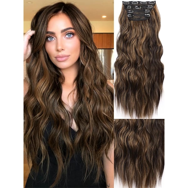 Clip in Long Wavy Synthetic Hair Extension 20 Inch 4PCS Balayage Dark Brown to Chestnut Hairpieces Fiber Thick Double Weft Hair Extension for Women