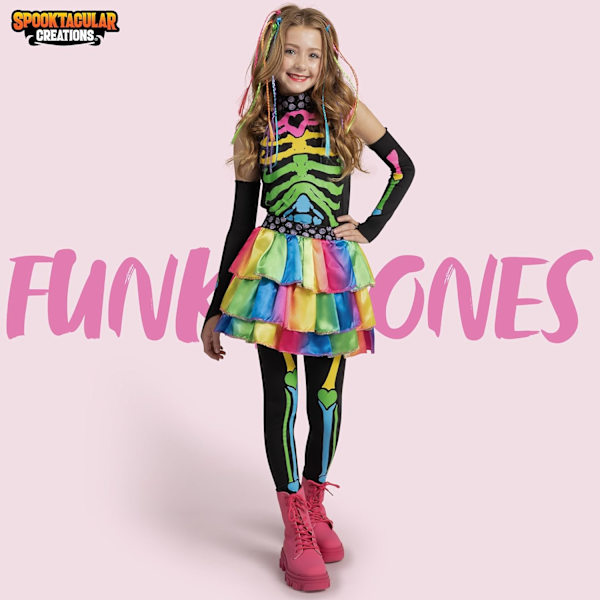 Fargerikt og trendy skjeletkostyme for jenter, luksuriøst kostyme med hårforlengelser, for Halloween-fester Small ( 5 – 7 yrs)