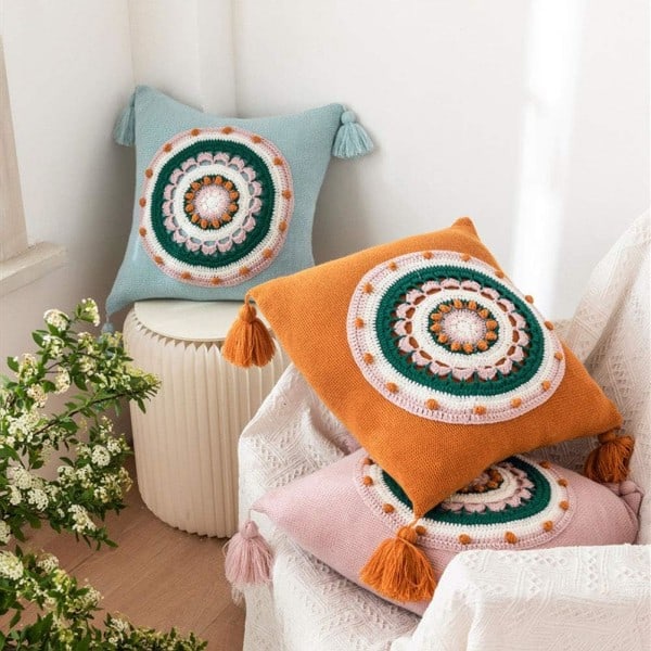 IC Dekorativt strikket bomullssofatrekk med dusk Rundt blomstrete Farmhouse putetrekk for sovesofa (blå, 18\"x18\")