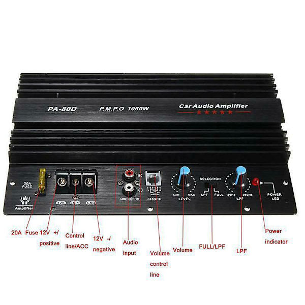 12V 1000W Bilstereo Høy Effekt Forsterker Amp Board Kraftig Subwoofer Bass Amp PA-80D