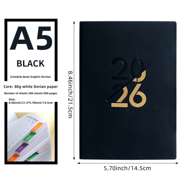 A5 2026 Daglig Planner, Engelsk Kalender Med 156 Sider og Guldfolieomslag, Til Studerende og Voksne, Sort black