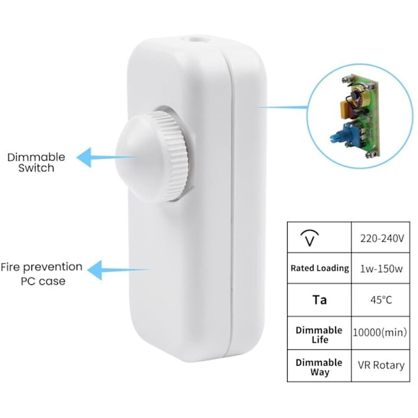 Dimbar Dimmerbrytare 1W–150W LED Dimbar Glödlampor På/Av AC220–240V Inline/Mellanliggande 1W Tyst (Trådslinga med Vred)