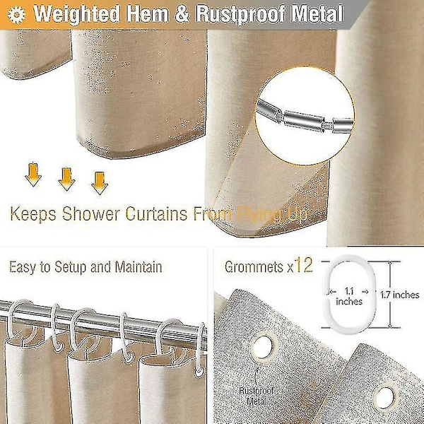 180 X 240cm Ekstra Langt Stof Bruseforhæng, Linned Tekstureret Heavy Duty Stof Bruseforhæng Sæt Med 12 Plastik Kroge, Stort Hotel Luksus Polyester