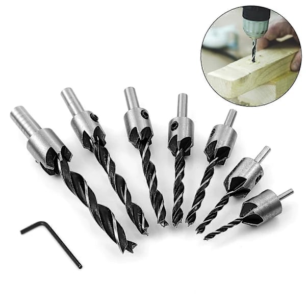 7 pcs Wood Drill with HSS Reamers Core Drill Countersunk Head Drill with Countersink and Depth Stop 90 Countersink (3-10mm)