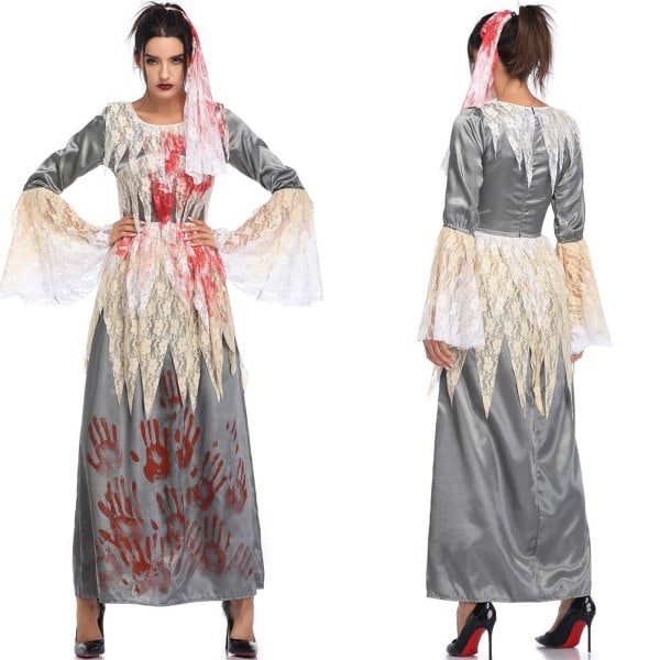 IC Halloween vampyr spøgelsesbrud lang kjole performance tøj. Hvid L