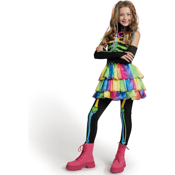 Färgglad och trendig skelettdräkt för flickor, lyxig dräkt med hårförlängningar, för Halloweenfester Medium (8-10 yrs)