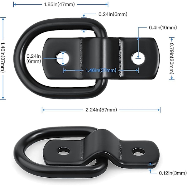 Sæt med 6 surringsringe med skruer og beslag - D-træk surringskrog - sort rustfrit stål surringsring - fastgørelsesring til trailere, biler, lastbiler