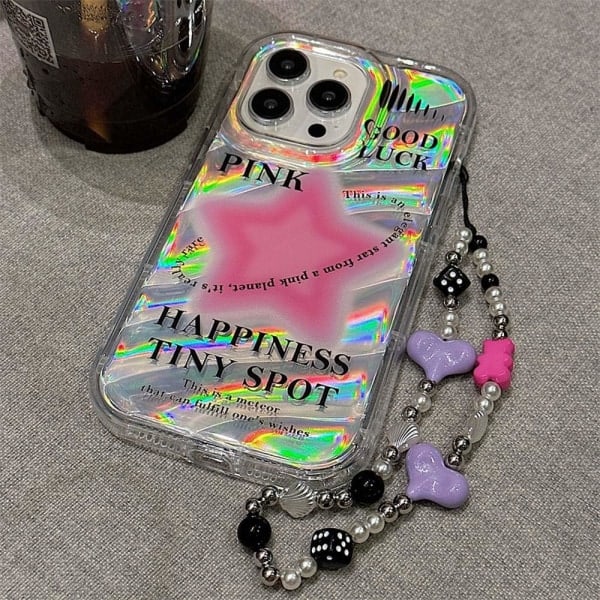 IC Case til iPhone 14 med telefoncharm/kæde, glitrende rosa stjernemønster Klart sødt phone case med Pearl Love