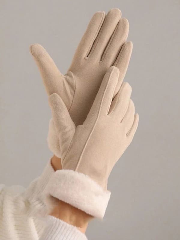 Vinter Touchscreen Handsker til Kvinder, Varme Vindtætte Polyester, Plys Manchetter til Cykling, Gåture og Udendørs Sport, Beige, One Size