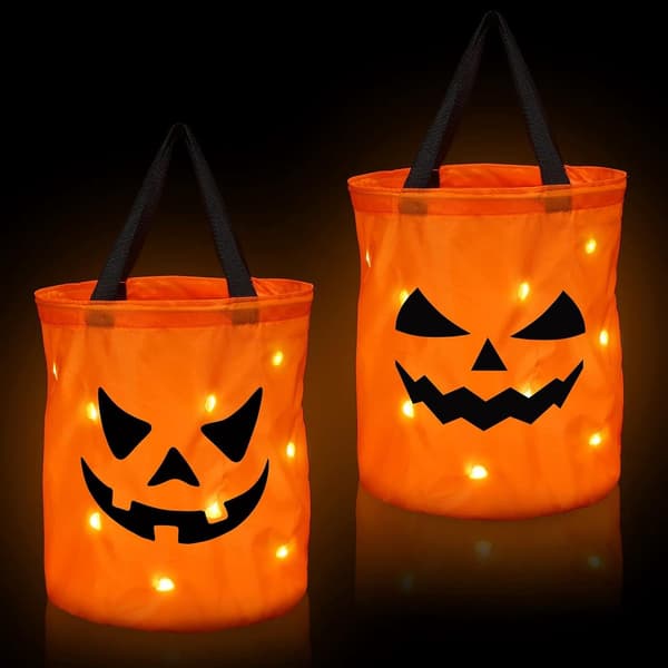 LED Halloween Slikspande, Genanvendelige Polyester Græskar Trick Or Treat Tasker, 2-pak Til Halloweenfester, Orange, 30 x 25 cm