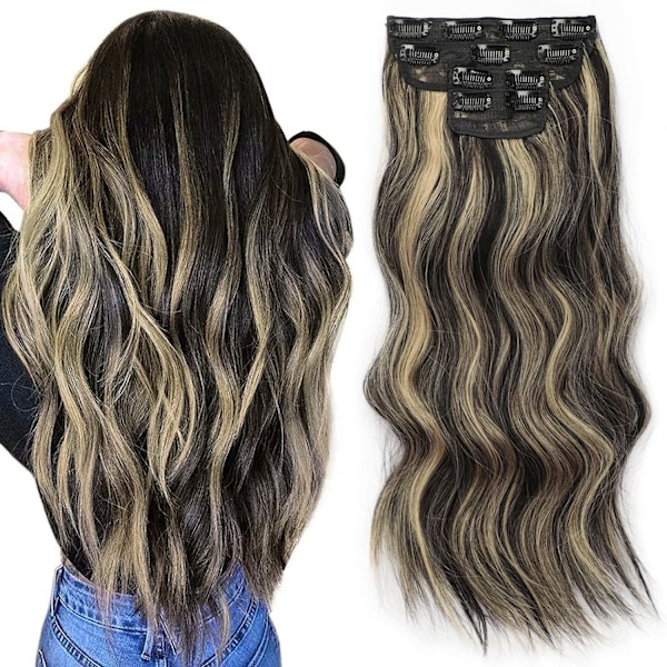 Hår Extensions Svart Mix Blond Lång Clip in Hår Extensions Mjuk Syntetisk Hårdelar för Kvinnor