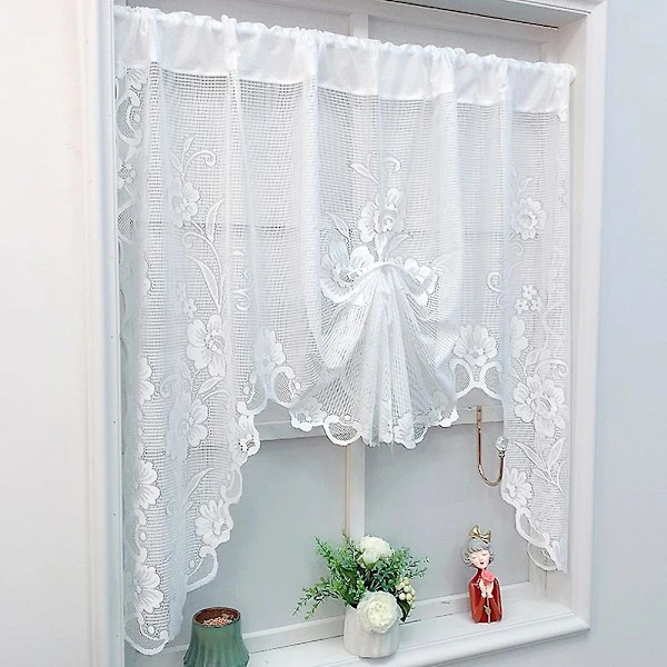 Tulle Curtain Valance, Short, Transparent, Adjustable, for Kitchen (White)