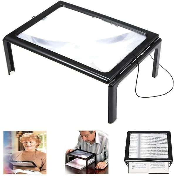 3X Fuldside Forstørrelsesglas med LED-lys og Håndfri Stand til Ældre og Synshandicappede, Sort 270 x 205 x 110 mm