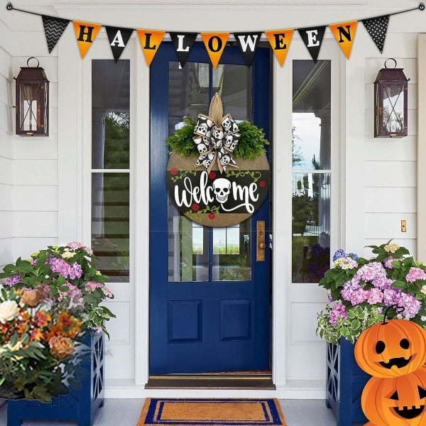 IC Halloween dørskilt hængende dekorationer, sød halloween skalle dekoration Velkommen træ kranse til hoveddøren bondegård (Halloween skalle)