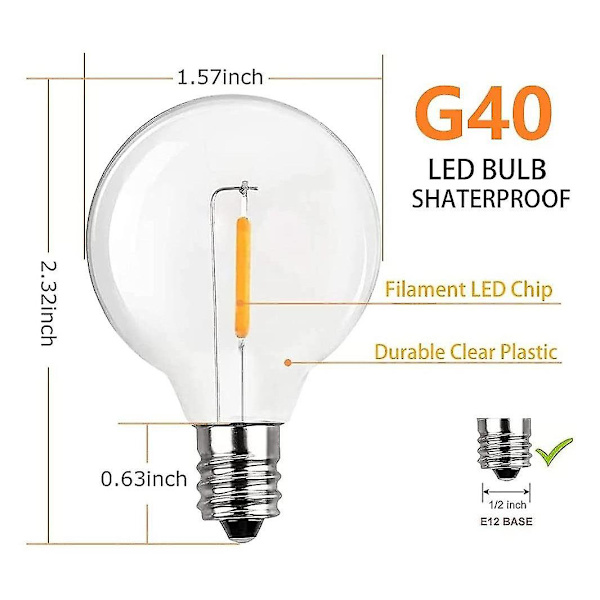 20 kpl G40 LED-korvaavat lamput E12-ruuvikanta Särkymätön LED-maapallolamput aurinkokennoketjulle