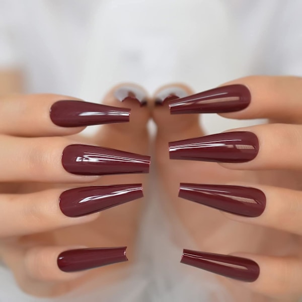 Salong Ultra Long Coffin Ballerina Display C Curved Falska Falska Naglar Bourgogne Mörk Röd Ingen Lim Solid Färg Artificiell Målad Press On Nail Art