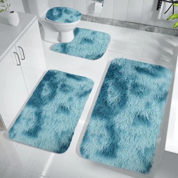 Bathroom Mat, Four-Piece Set - Ultra-Soft Non-Slip Microfiber Mats, Highly Absorbent and Thickened, Suitable for Bathrooms and Kitchens. blue black blue black