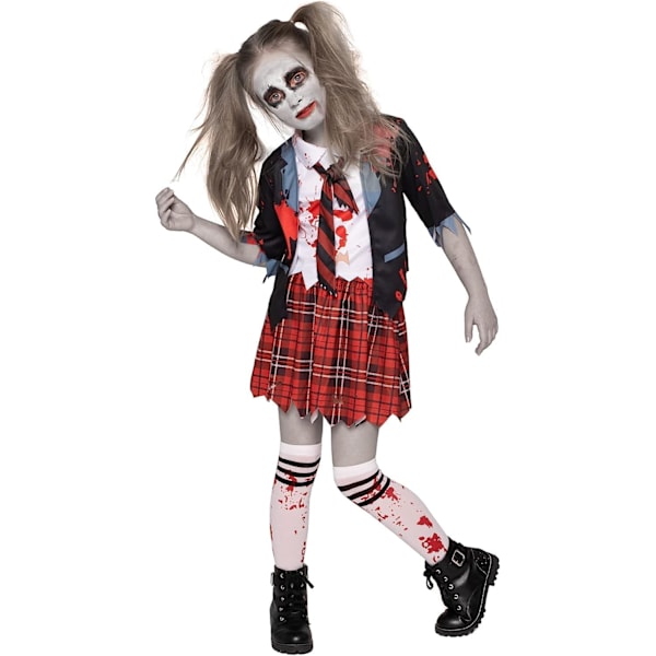 Zombie skolepige kostume, blodig zombie kostume til piger, halloween, skole, event festkjole röd X-Large (12-14 yrs)