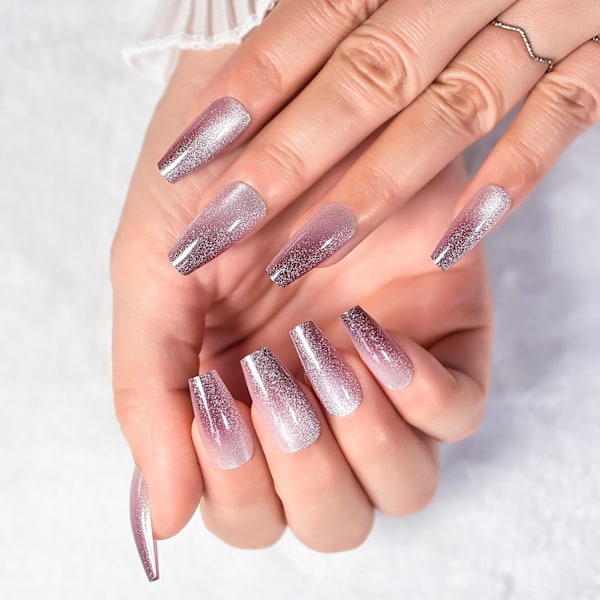 Ljuslila gradient Cat Eye tryck på naglar Medium Coffin Glossy Mirror Reflective Manicure Återanvändbar Salong Set Falsk Nagelkonst