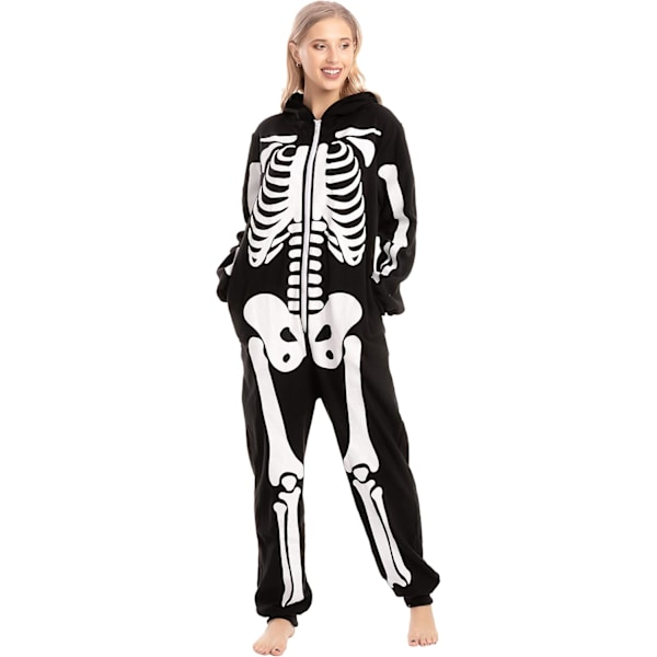 Unisex Skelett Onesie Pyjamas Plysch Skelett Jumpsuit Dragkedja Halloween Hoodie Pyjamas för Vuxna Nattkläder Kostym Svart L