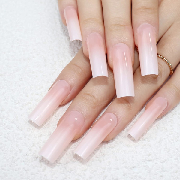 Ekstra lange firkantede tryk på negle Gradient Nude Pink Glossy Falske negle Squoval Falske negle Fuld dækning Akryl Lim på negle til kvinder og piger DIY