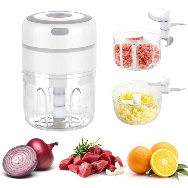 Mini Elektrisk Lökhackare med 2 Behållare, Multi Elektrisk Köksmixer Hackare 250ML+100ML, USB Uppladdningsbar för Grönsaker Frukt Kött (Vit)
