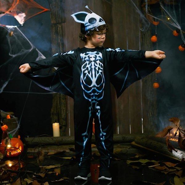 Skelettkostym för barn, Halloween-kostym som lyser i mörkret, fin klänning för karnevalfest 3-10 år fladdermus 3-4 Jahre