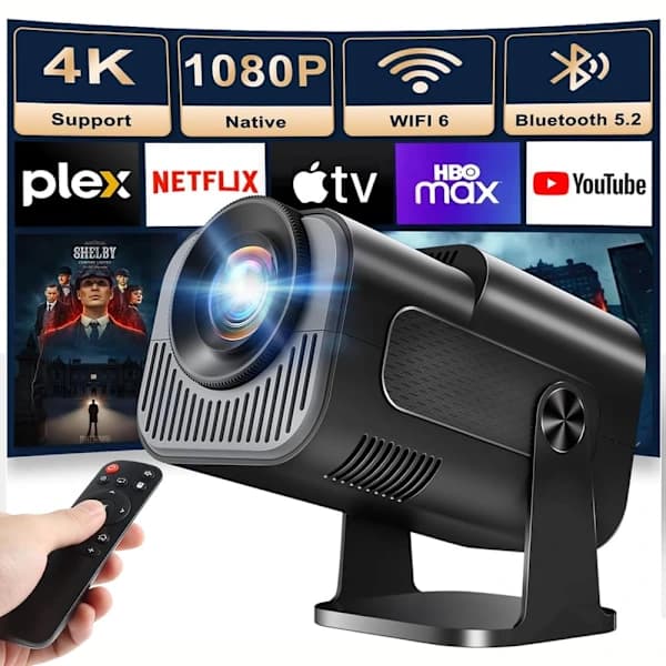 Mini 4K-projektor Fuld HD 1080P Native Smart Android 11 WiFi 6 Bluetooth 5.2 180° drejelig til hjemmebiograf Sort