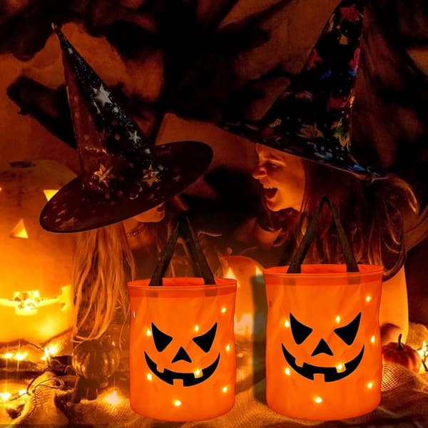 LED Halloween Slikspande, Genanvendelige Polyester Græskar Trick Or Treat Tasker, 2-pak Til Halloweenfester, Orange, 30 x 25 cm