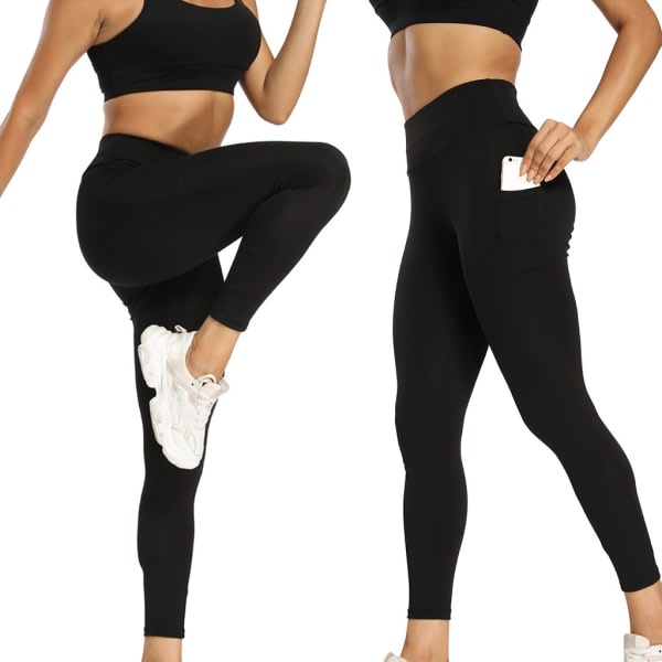 Hög midja för kvinnor Träning Yogabyxor Scrunch Ruched Butt Lifting Sports Leggings Fitness Gym Enfärgad Push Up Tights med fickor Black M