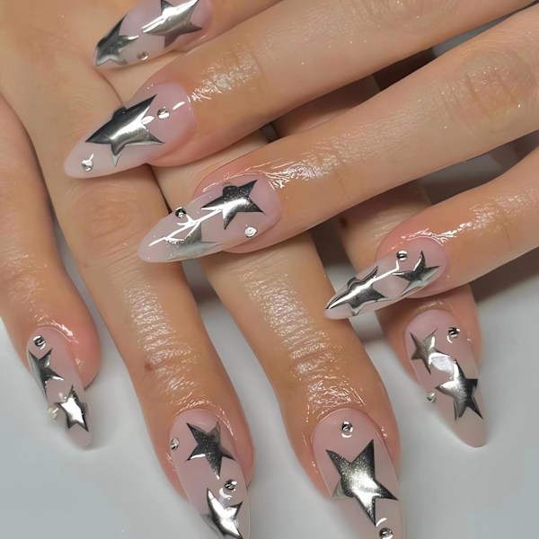 Medium Press on Nails Almond Glossy Fake Nails Stiletto Nude False Nails Glue on Nails Silver Star Full Cover Acrylic Nails for Women 24PCS