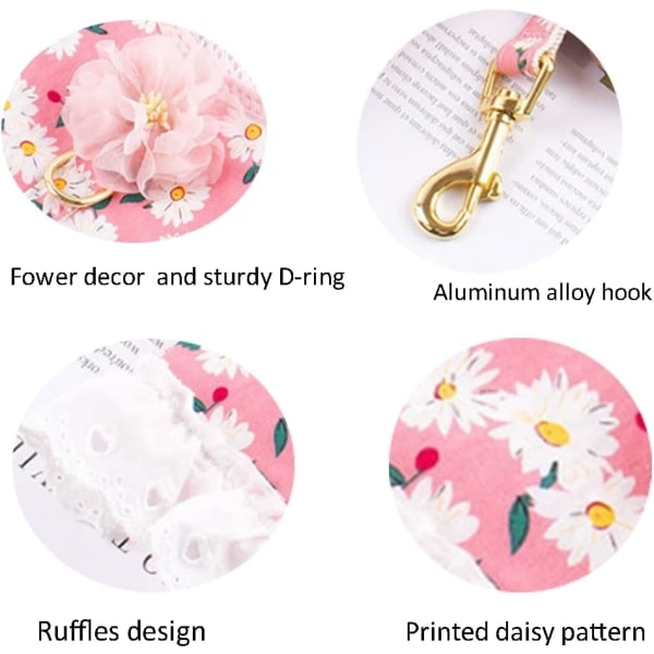 IC Hundklänning med Koppel Set Tryckt Daisy Mönster Katt Sele Klänning Andningsbar Mesh Valp Sele Koppel Set (Medium, Rosa)