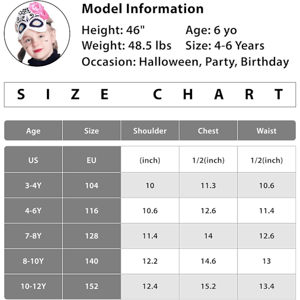 Halloween-kostyme Dødedagen, Dia de los Muertos-kjole, kostyme brud la Catrina, skjeletkostyme for barn kvinner kvinner Spindelben 4-6 Years