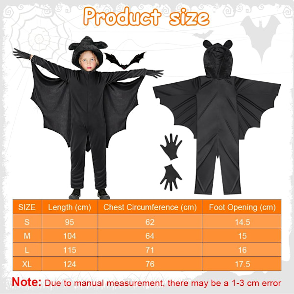 Børneflagermuskostume, Sort Flagermuskostume, Flagermuskostume, Halloweenkostume, Karneval, Kappe, Flagermuskostume, Maskerade Kostumer svart Medium