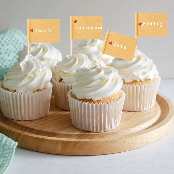 100 stk. Kraft Tannpirkerflagg, Brune Mini Matetiketter Flagg for Fest Cupcake Dekorasjon Ost Fruktsalat Etikett