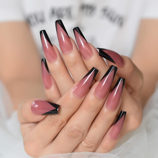 Extra Long Purple Red Glossy Fake Nails V Shape Coffin Ballet Full Cover Gel False Nail Art French Fingernail Tips