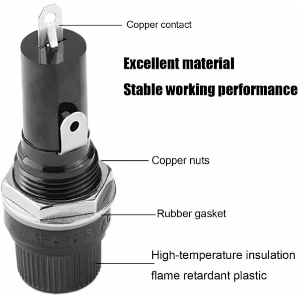 10 stk. 5 x 20 mm sikringsholder AC 10A 250V Sort skruehætte sikringsholder, panelmonteret skruehætte sikringsholder